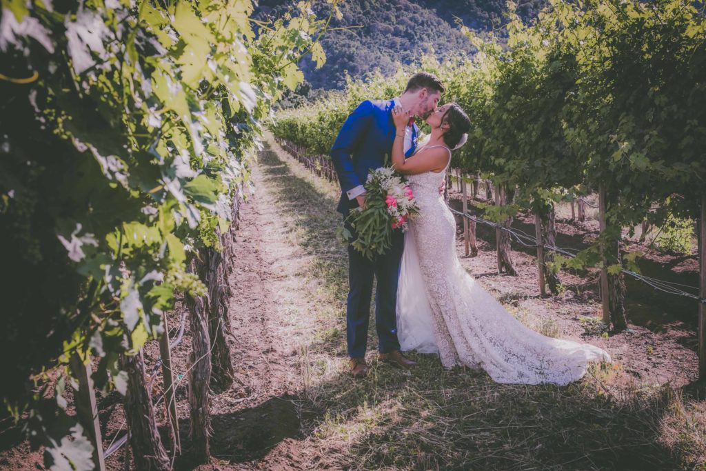 A bride and groom kiss in a vineyard for their Carmel elopement.