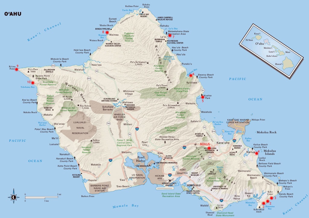 Map of Oahu featuring ten beautiful locations for couples to have their elopements, go on adventures, and take photos.