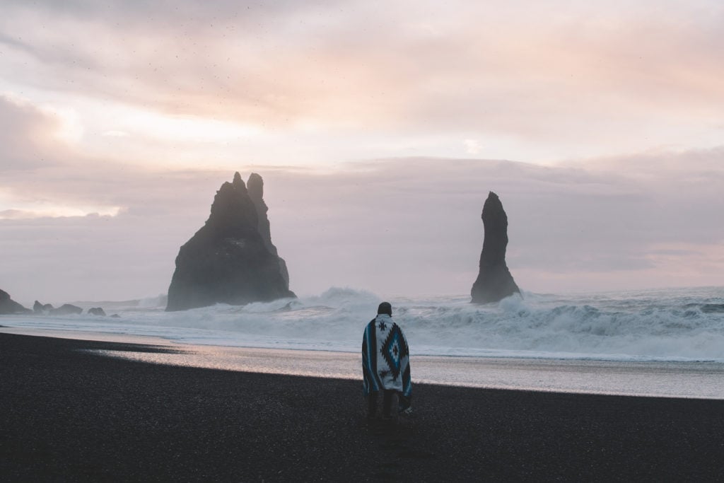 Black Sand beach with stone pillars in Iceland