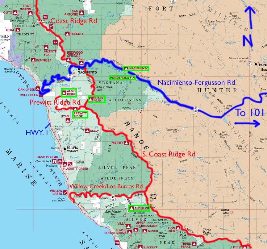 A rough map of the forestry roads that cover the Los Padres National Forest in Big Sur.