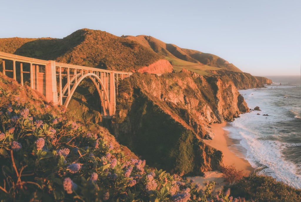 The Bixby Creek Bridge illuminated by the setting sun with spring flowers in the foreground.