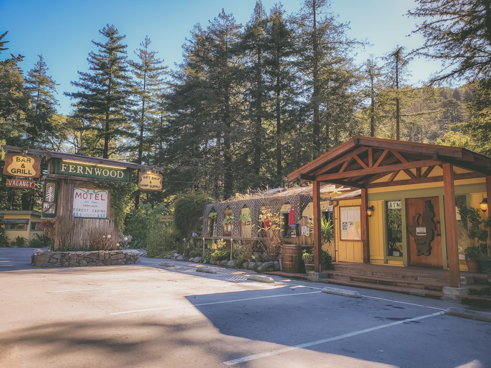 The roadside sign and restaurant portion of the Fernwood Resort in Big Sur, CA.