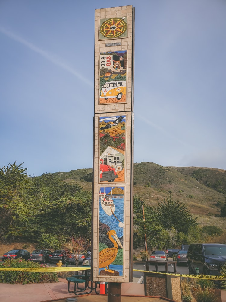 An art installation at the Ragged Point Inn in Big Sur that depicts local landmarks and symbols