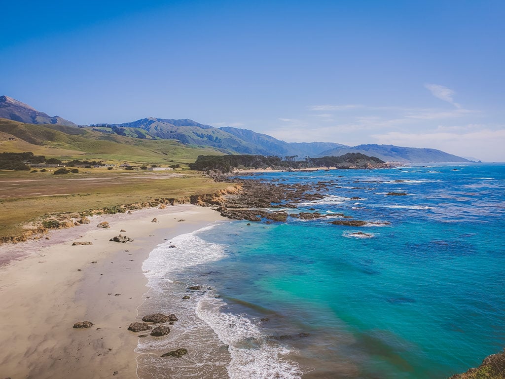 A view of the turquoise waters and mountains near Andrew Molera State Park from the Point Sur Light Station