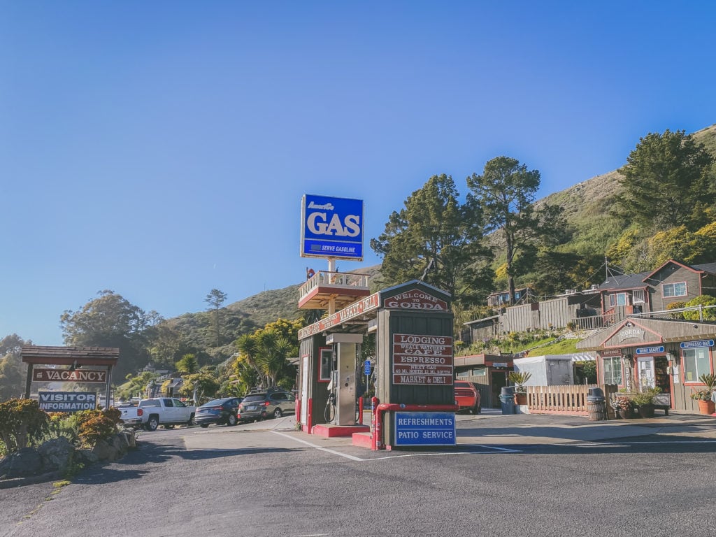 A view of the gas pumps and background at the Whale Watchers Cafe in Gorda, Big Sur