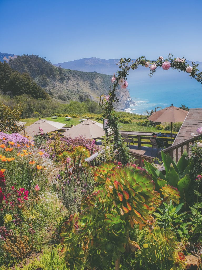 Blooming gardens before the ocean at the Lucia Lodge in Big Sur