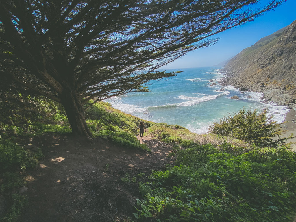 Heather from Seeking Venture Photo descending the coastal access trail at Ragged Point in Big Sur